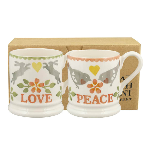 Emma Bridgewater Lovebirds Coral Set Of 2 Half Pint Mugs - Love & Peace