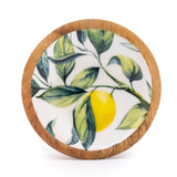 Candlelight 13cm Mango Wood Round Dish - Lemons & Leaves - White