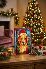 Premier 21cm x 13cm LED Stained Glass Decoration - Dog With Santa Hat