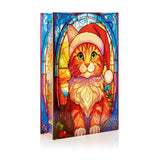 Premier 21cm x 13cm LED Stained Glass Decoration - Cat With Santa Hat