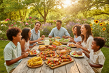 use bamboo bbq skewers to create an image of a happy family in a sunny garden eating various bbq skewers and other bbq food.