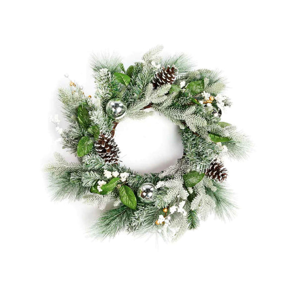 Premier Christmas 60cm Flocked Frosted Wreath - Berries, Pinecones & Silver Baubles