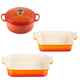 Le Creuset Signature Cast Iron 3 Piece Casserole & Heritage Stoneware Oven Dish Set - Volcanic - Potters Cookshop
