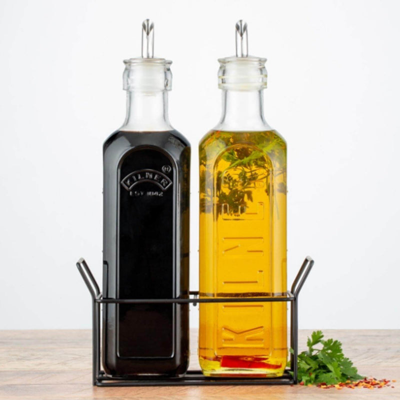 Kilner Set of 2 600ml Glass Oil Bottles & Metal Rack