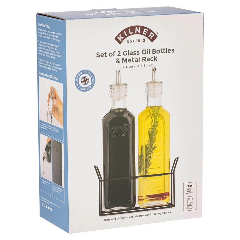 Kilner Set of 2 600ml Glass Oil Bottles & Metal Rack