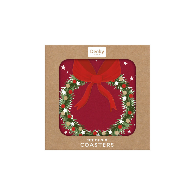 Denby Christmas Joy Wreath Round Coasters - Set Of 6