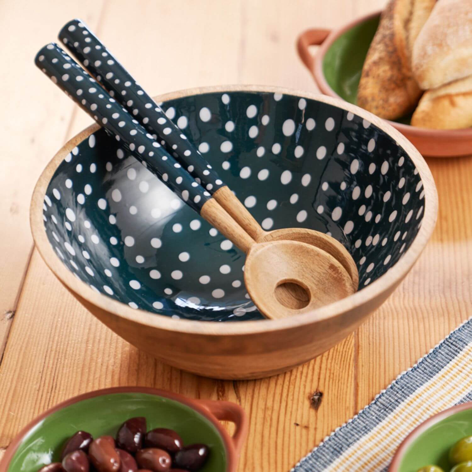 thumbnail image 2 of Dexam Mango Wood Salad Bowl, Ink Blue Spotted Hand-Finished Design - Eco-Friendly & Perfect For Outdoor Dining 2 of 6