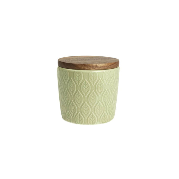 T&G Green House Pointed Leaf Ceramic Small Storage Jar with Rustic Acacia Lid - Green