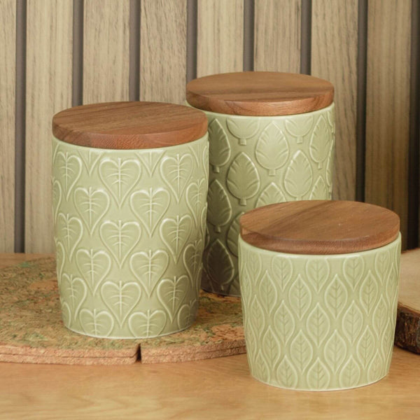 T&G Green House Oval Leaf Ceramic Medium Storage Jar with Rustic Acacia Lid