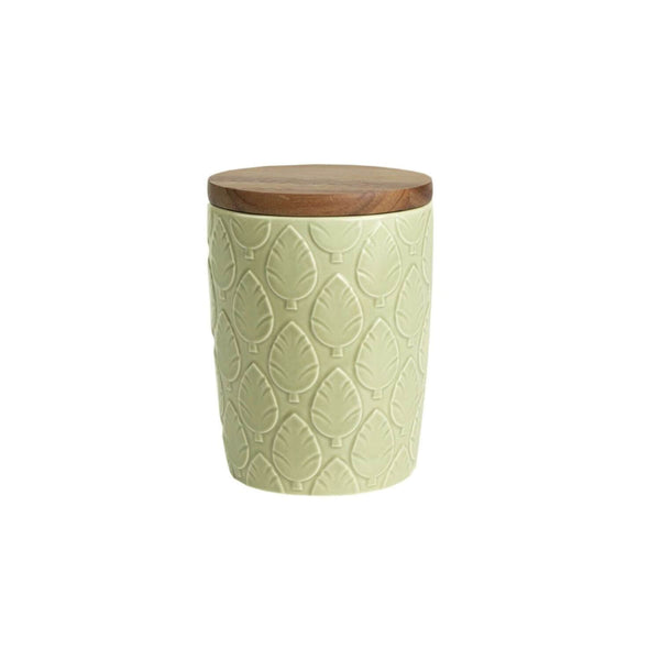 T&G Green House Oval Leaf Ceramic Medium Storage Jar with Rustic Acacia Lid