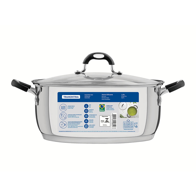 Tramontina Astro Silicone Stainless Steel Tri-Ply Shallow Casserole Dish with Glass Lid - 30cm