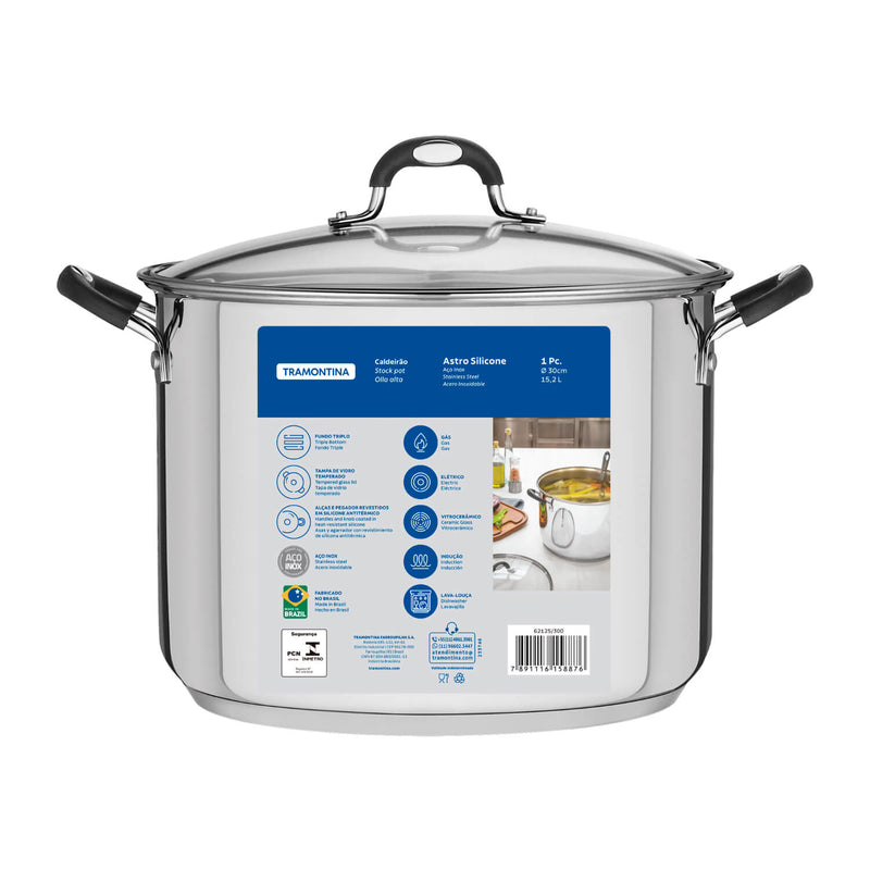 Tramontina Astro Silicone Stainless Steel Tri-Ply Stock Pot with Glass Lid - 30cm