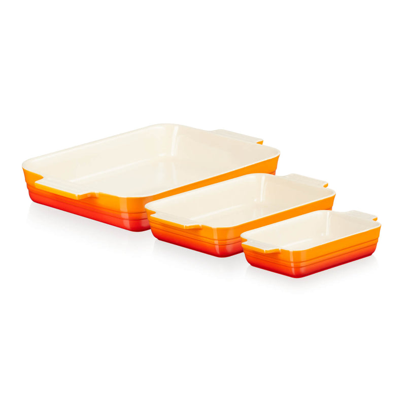 Le Creuset Signature Cast Iron Deep Round Casserole & 3 Piece Rectangular Oven Dish Set - Volcanic