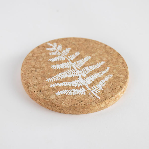 Liga Round Cork Coaster - Fern - White