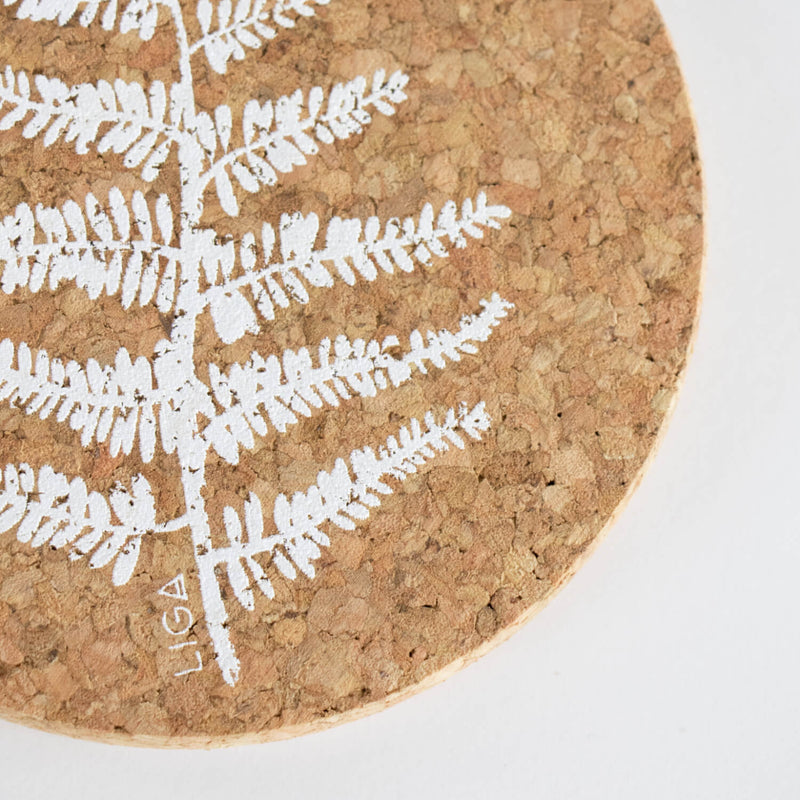 Liga Round Cork Coaster - Fern - White