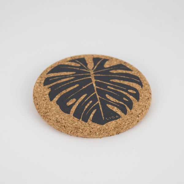 Liga Round Cork Coaster - Monstera - Grey