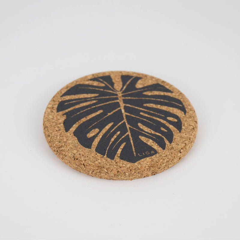 Liga Round Cork Coaster - Monstera - Grey