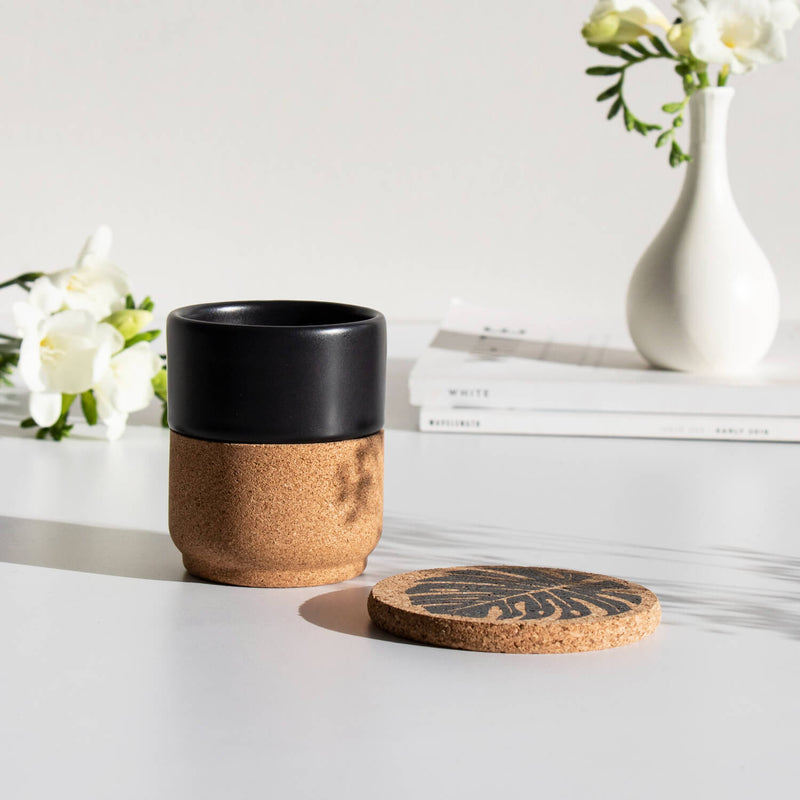 Liga Round Cork Coaster - Monstera - Grey