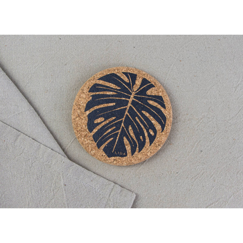 Liga Round Cork Coaster - Monstera - Grey