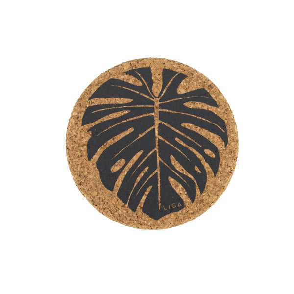 Liga Round Cork Coaster - Monstera - Grey