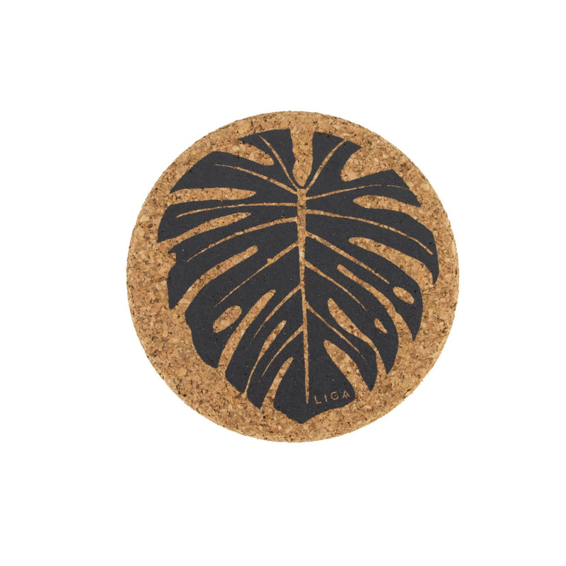 Liga Round Cork Coaster - Monstera - Grey