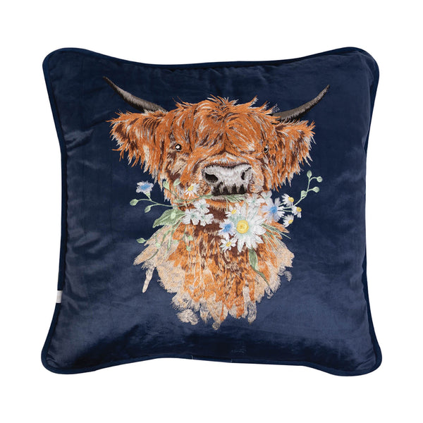 Wrendale Designs by Hannah Dale Embroidered Cushion - Daisy Coo - Highland Cow