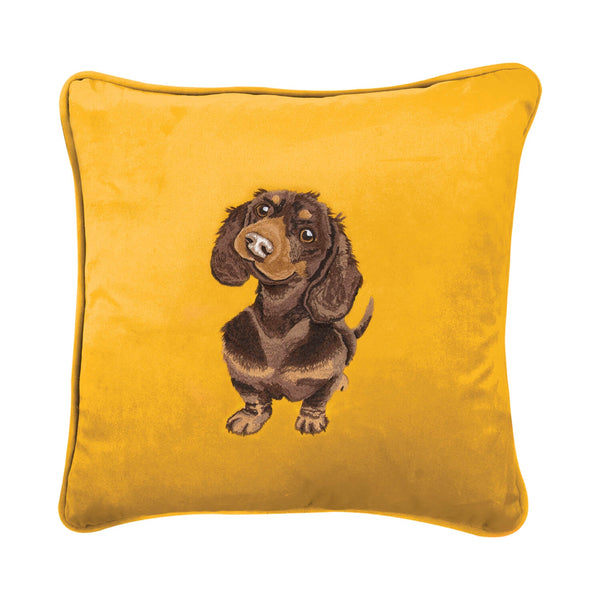 Wrendale Designs by Hannah Dale Embroidered Cushion - Little Sausage - Dachshund