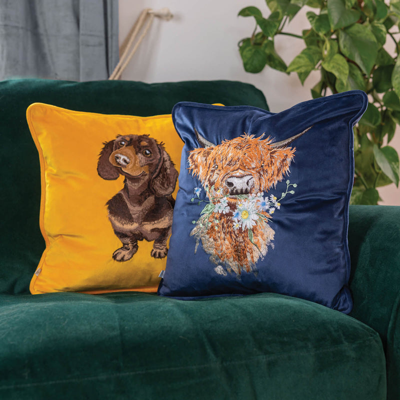 Wrendale Designs by Hannah Dale Embroidered Cushion - Little Sausage - Dachshund