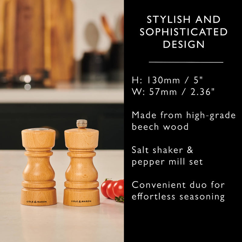 Cole & Mason London 13cm Beech Wood Salt Shaker & Pepper Mill Set - Natural