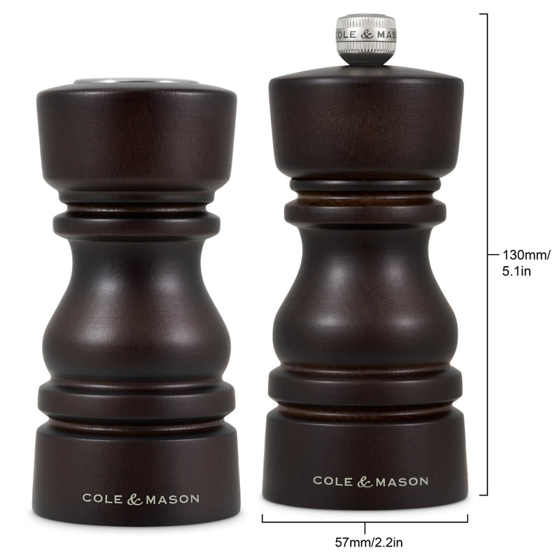 Cole & Mason London 13cm Beech Wood Salt Shaker & Pepper Mill Set - Chocolate