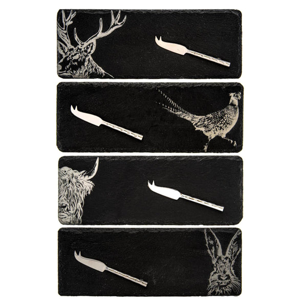 Selbrae House 4-Piece Mini Slate Cheese Board & Knife Set - Country Animals