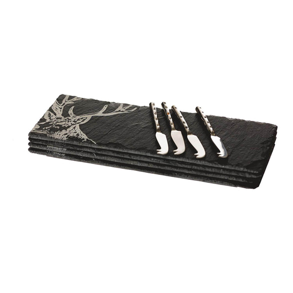 Selbrae House 4-Piece Mini Slate Cheese Board & Knife Set - Stag