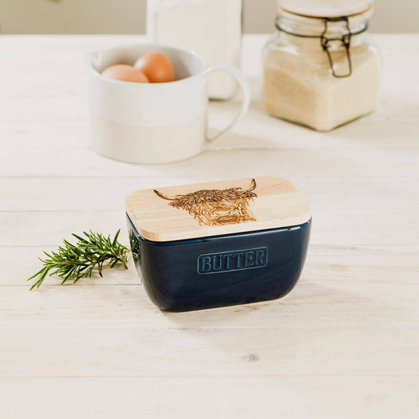 Selbrae House Blue Ceramic Butter Dish - Highland Cow