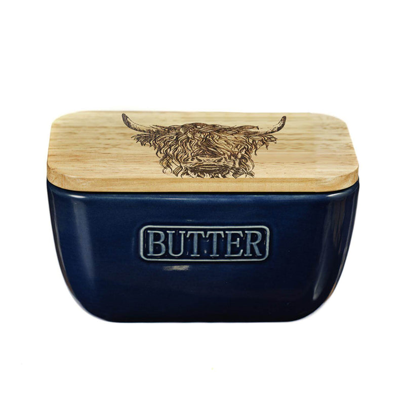 Selbrae House Blue Ceramic Butter Dish - Highland Cow
