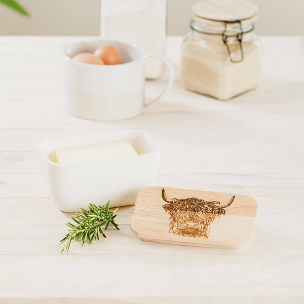 Selbrae House White Ceramic Butter Dish - Highland Cow