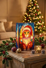 Premier 21cm x 13cm LED Stained Glass Decoration - Cat With Santa Hat
