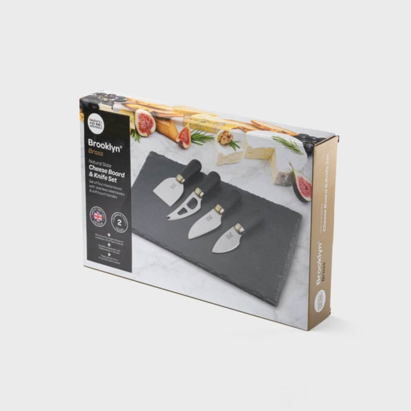 Taylor's Eye Witness 4-Piece Brooklyn Brass Cheese Knife & Slate Cheese Board Set