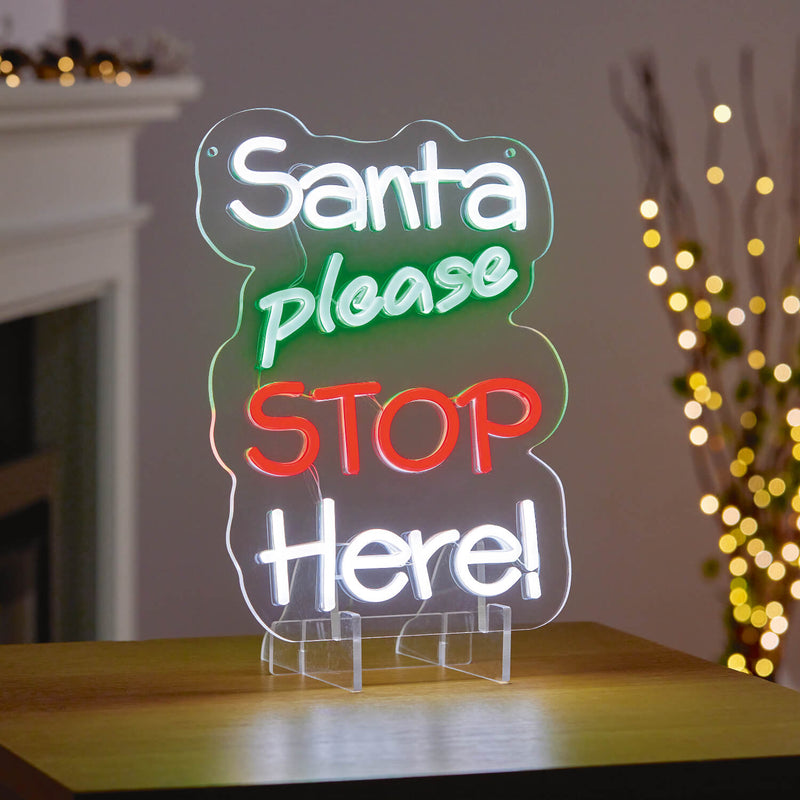 Premier 35cm LED Table Top & Hanging Neon Decorative Sign - Santa Please Stop Here