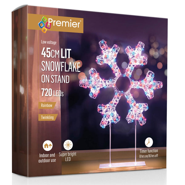 Premier Lit 45cm 720 LED White Table Top Snowflake With Timer - Rainbow