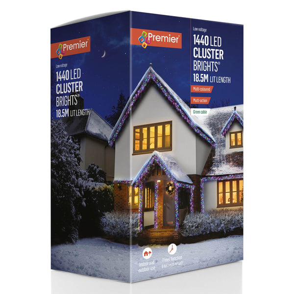 Premier Christmas Cluster Brights 18.5 Metre 1440 LED Multi Action Lights With Timer - Multicoloured