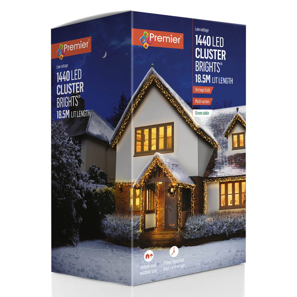 Premier Christmas Cluster Brights 18.5 Metre 1440 LED Multi Action Lights With Timer - Vintage Gold