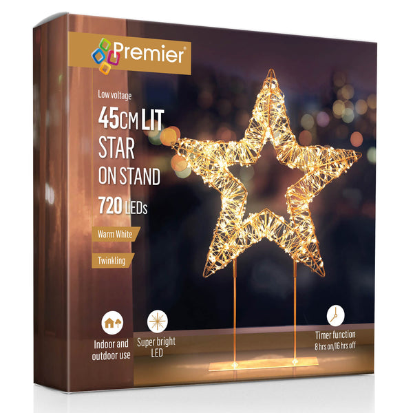 Premier Lit 45cm 720 LED Rose Gold Table Top Star With Timer - Warm White