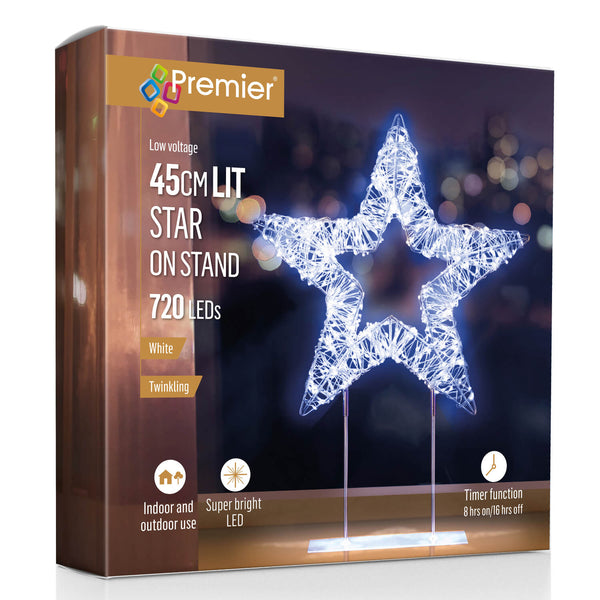 Premier Lit 45cm 720 LED Silver Table Top Star With Timer - White