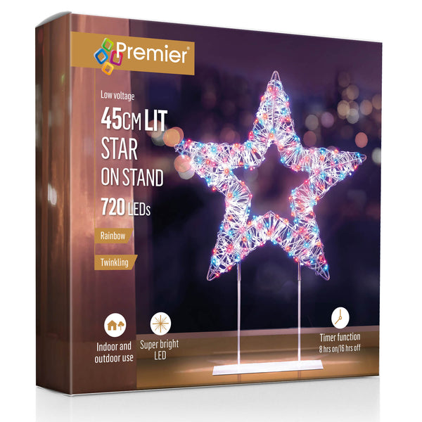 Premier Lit 45cm 720 LED White Table Top Star With Timer - Rainbow