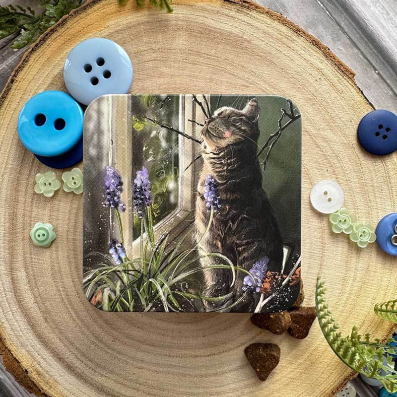 Alex Clark Small Square Tin - Cat And Muscari