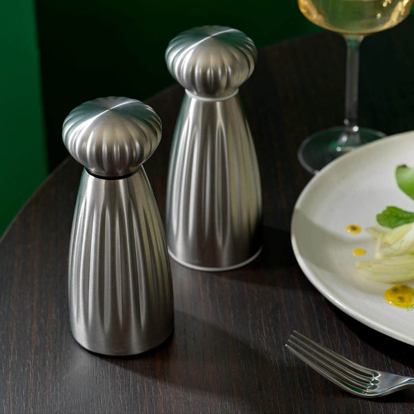 Robert Welch Palm Medium Stainless Steel Salt & Pepper Mill Set with Tray - Satin