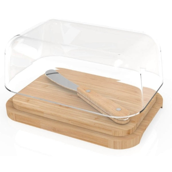 Pebbly Bamboo Butter Dish with Glass Lid & Spreader