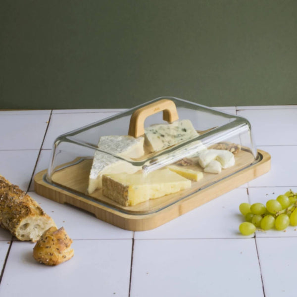 Pebbly Bamboo Cheese Box with Glass Lid