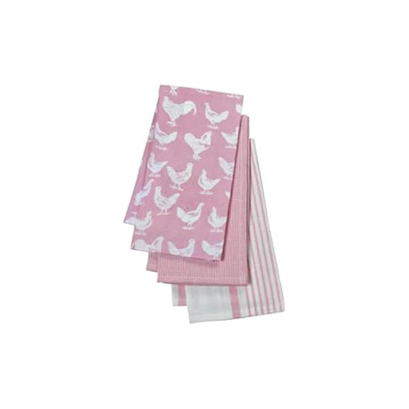 Stow Green The Pantry Hen & Cockerel Pack of 3 Cotton Tea Towels - Pink