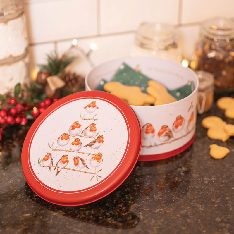 Wrendale Designs by Hannah Dale 22cm Round Christmas Tin - Rockin' Robins